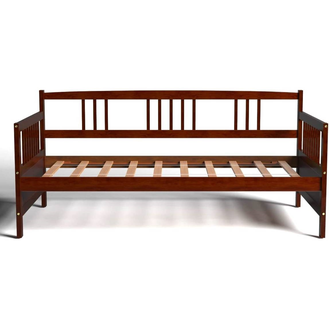 Twin size 2-in-1 Wood Daybed Frame Sofa Bed in Brown Cherry Finish-2