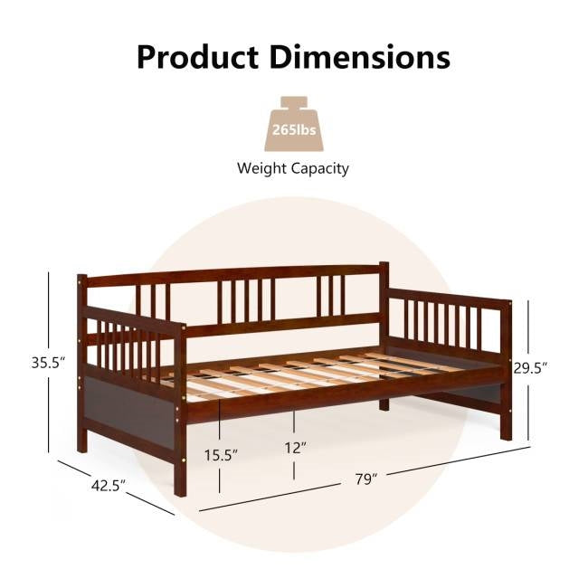 Twin size 2-in-1 Wood Daybed Frame Sofa Bed in Brown Cherry Finish-4