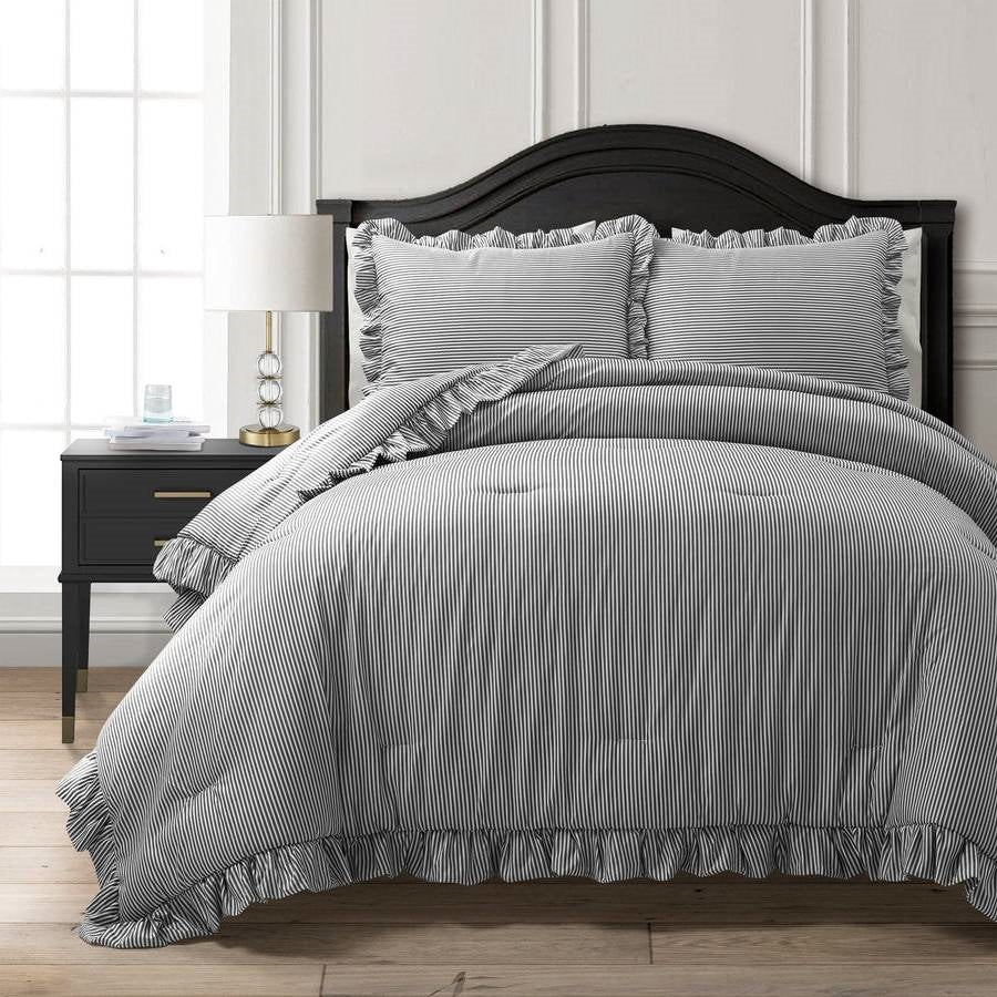 Full/Queen Grey White Stripe Ruffle Reversible 3 Piece Comforter Set-0