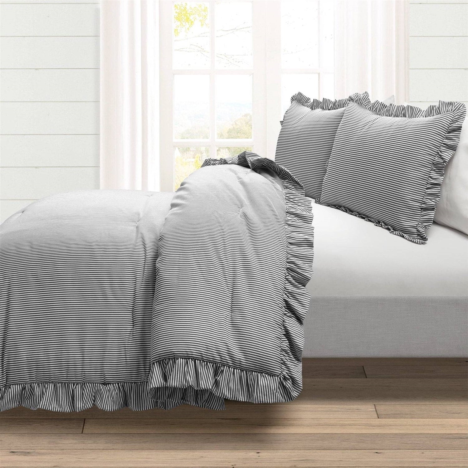 Full/Queen Grey White Stripe Ruffle Reversible 3 Piece Comforter Set-1