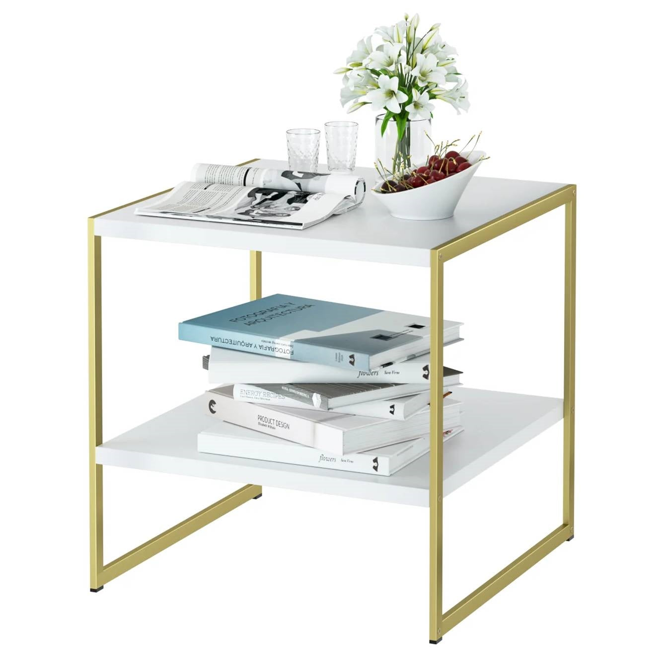 Industrial Modern Gold Metal White Wood Top Nightstand End Table with Shelf-2