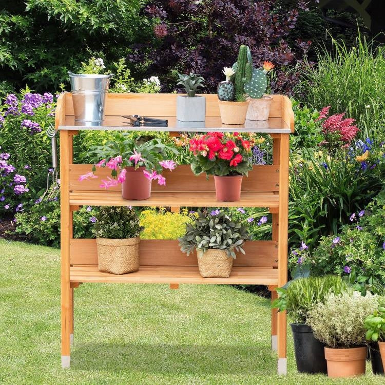 Solid Wood Outdoor Garden Bench Table with Bottom Storage Shelves and Metal Top-1