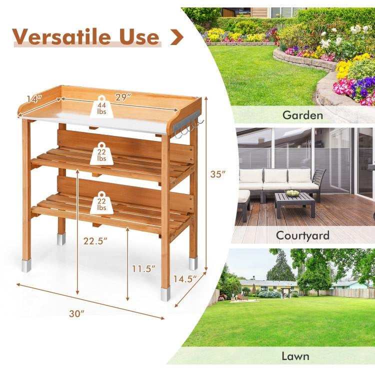 Solid Wood Outdoor Garden Bench Table with Bottom Storage Shelves and Metal Top-4