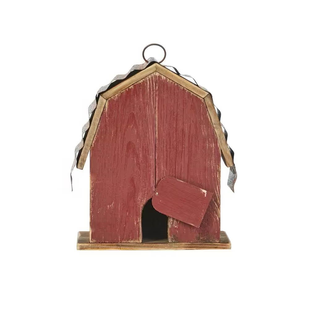 Outdoor Red Wood and Metal Barn Style Hanging Bird House-3