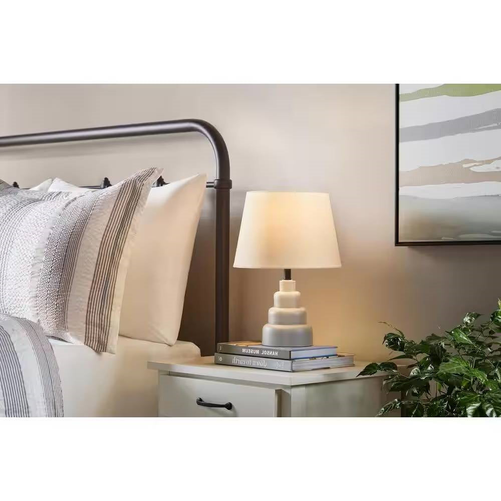 Small Grey Desk Light Table Lamp with White Fabric Shade for Bedside Nightstand-1