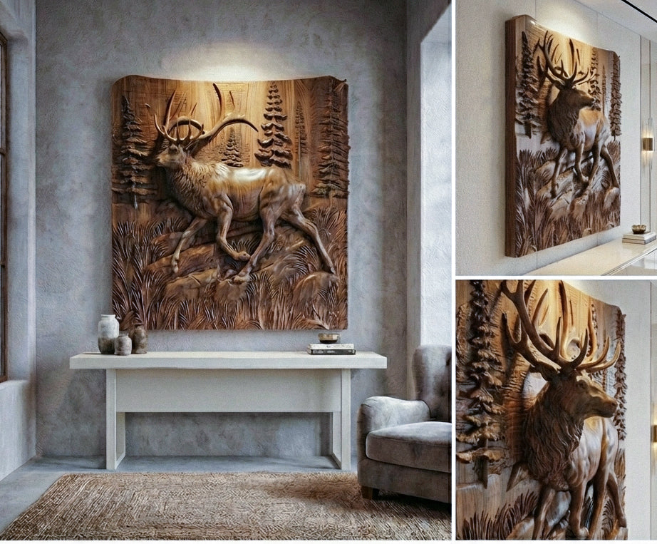 Wooden Deer - Elk 3D Wood Relief Wall Art