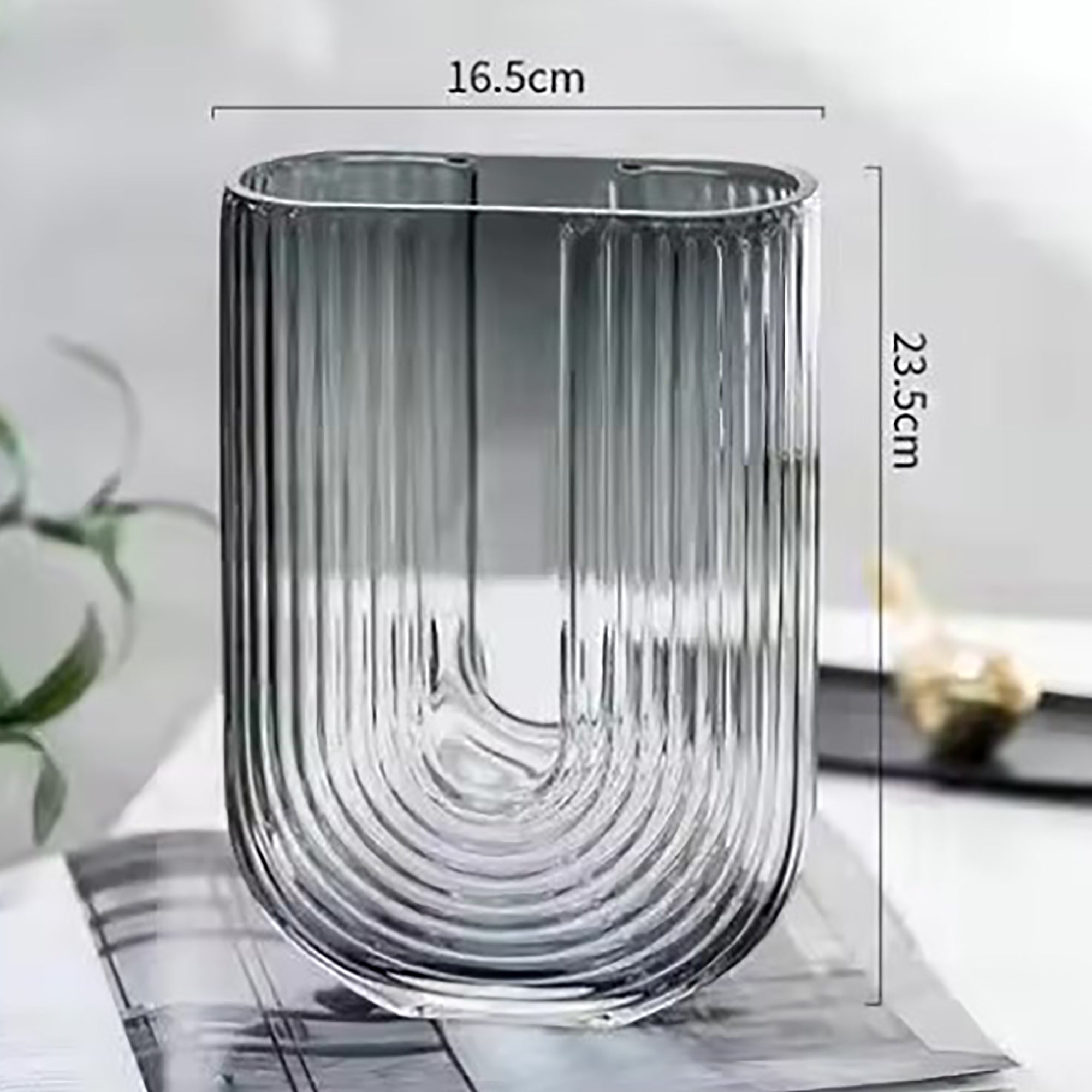 Ribbed U Shaped Glass Vase-Large-Grey-3