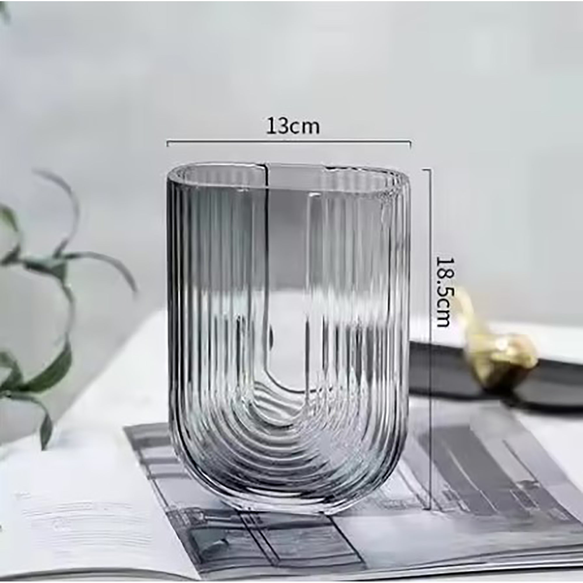 Ribbed U Shaped Glass Vase-Medium-Grey-1