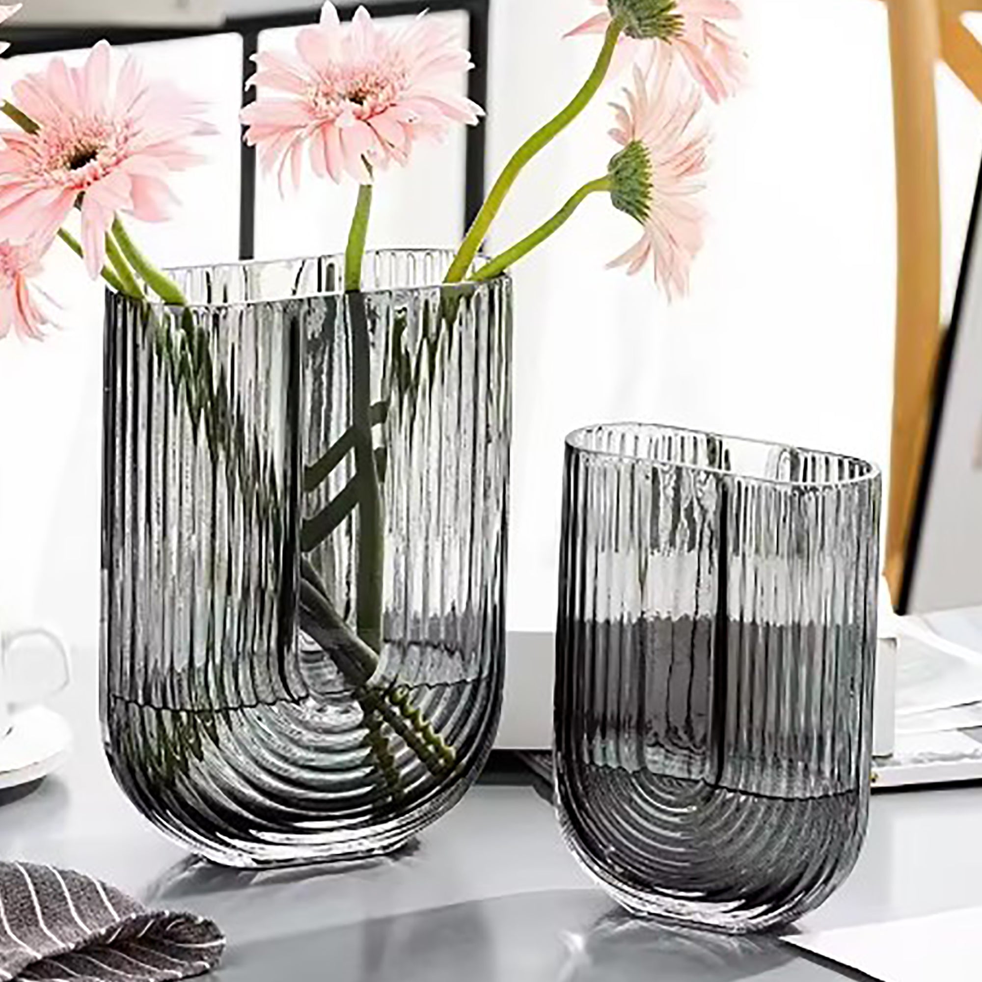 Ribbed U Shaped Glass Vase-Medium-Grey-2