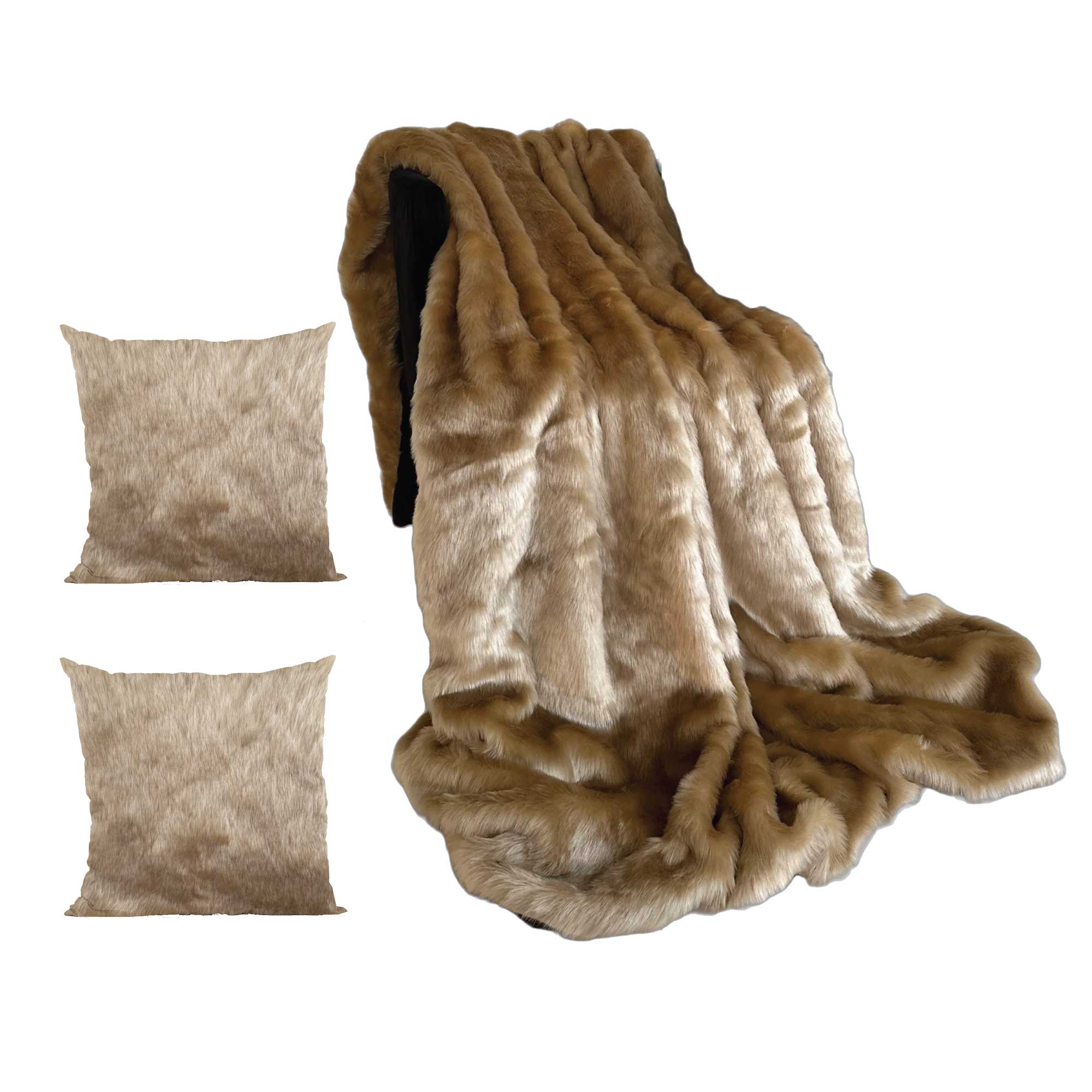 Plutus Brown Gold Rabbit Faux Fur Pillow & Blanket Set-0