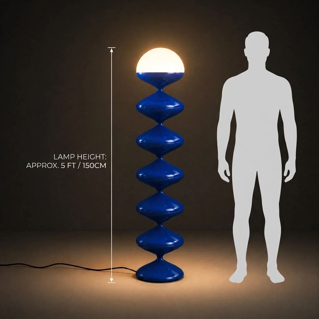 Sculptural Blue Floor Lamp with Stacked Metal Discs | Frosted Dome for Ambient Light