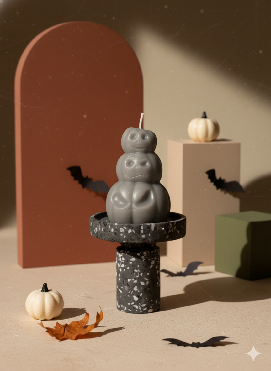 Hand-Poured Pumpkin Soy Candle – Fall Sculpture in Orange, Ivory & Gray