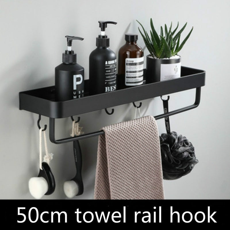 Bathroom Shelf No Drill Organizer Shower Storage Rack Black Corner Shelves Wall Mounted Aluminum Toilet Shampoo Holder-5