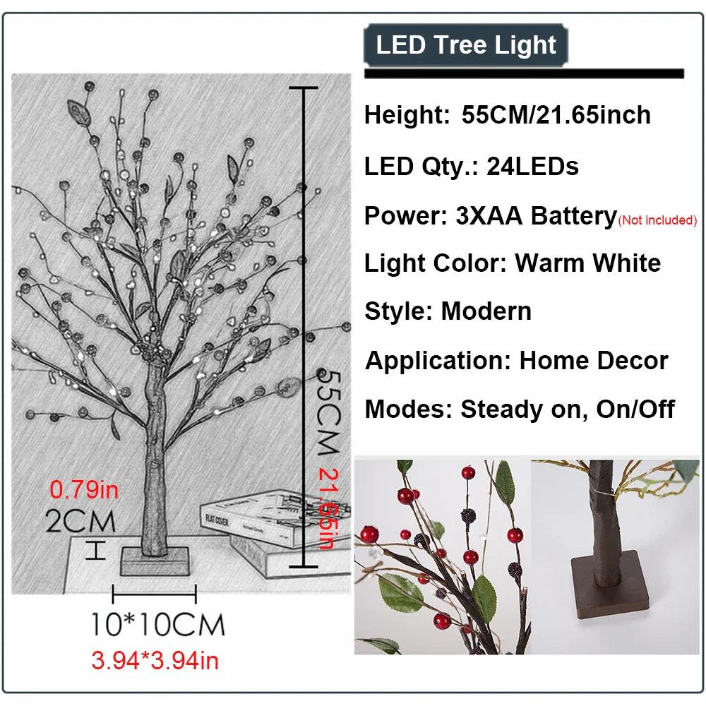 Battery Bedside Lamp Garland Light Tabletop Bonsai Tree Light Holiday Decoration Branches Night Light Red Beads Christmas Lights-4