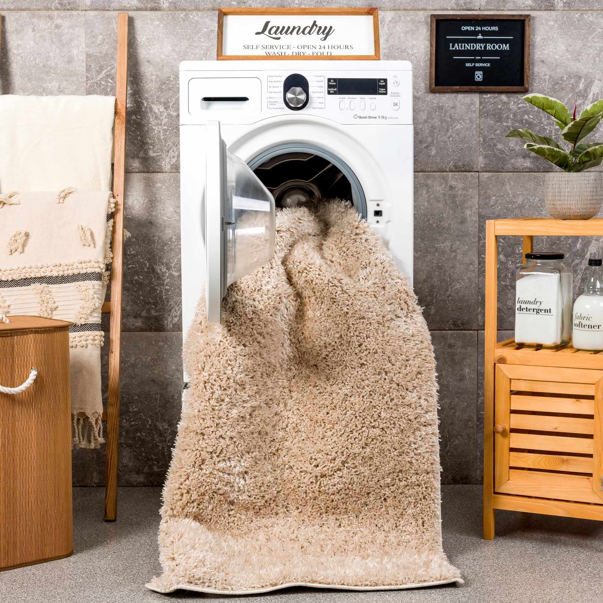 Faina Solid Beige Shag Rug Washable