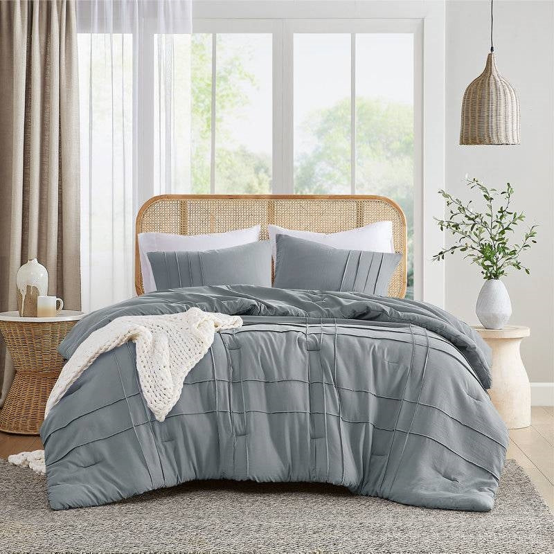 Twin/Twin XL Pleated Pre-Washed Microfiber Comforter Set in Blue Grey-1