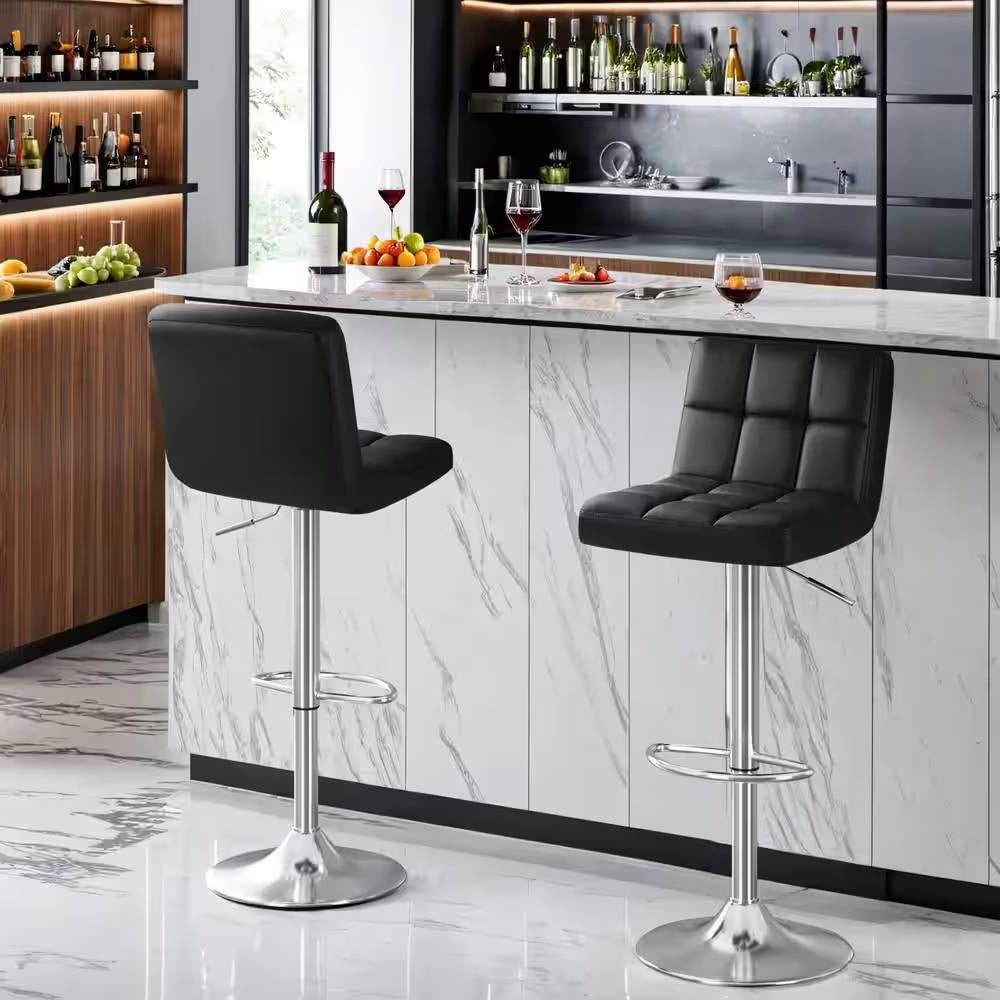 Set of 2- Black Faux Leather Barstool with Low Back Swivel Seat-0