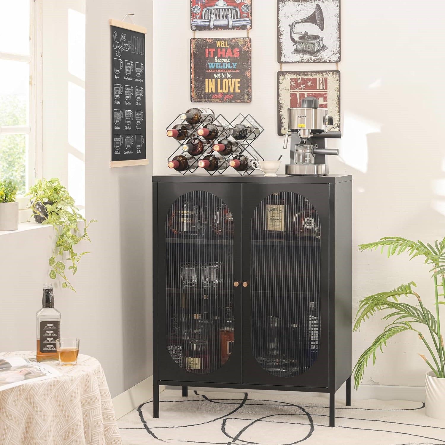 2-Door Buffet Sideboard Accent Table Liquor Cabinet in Black Wood Finish-2