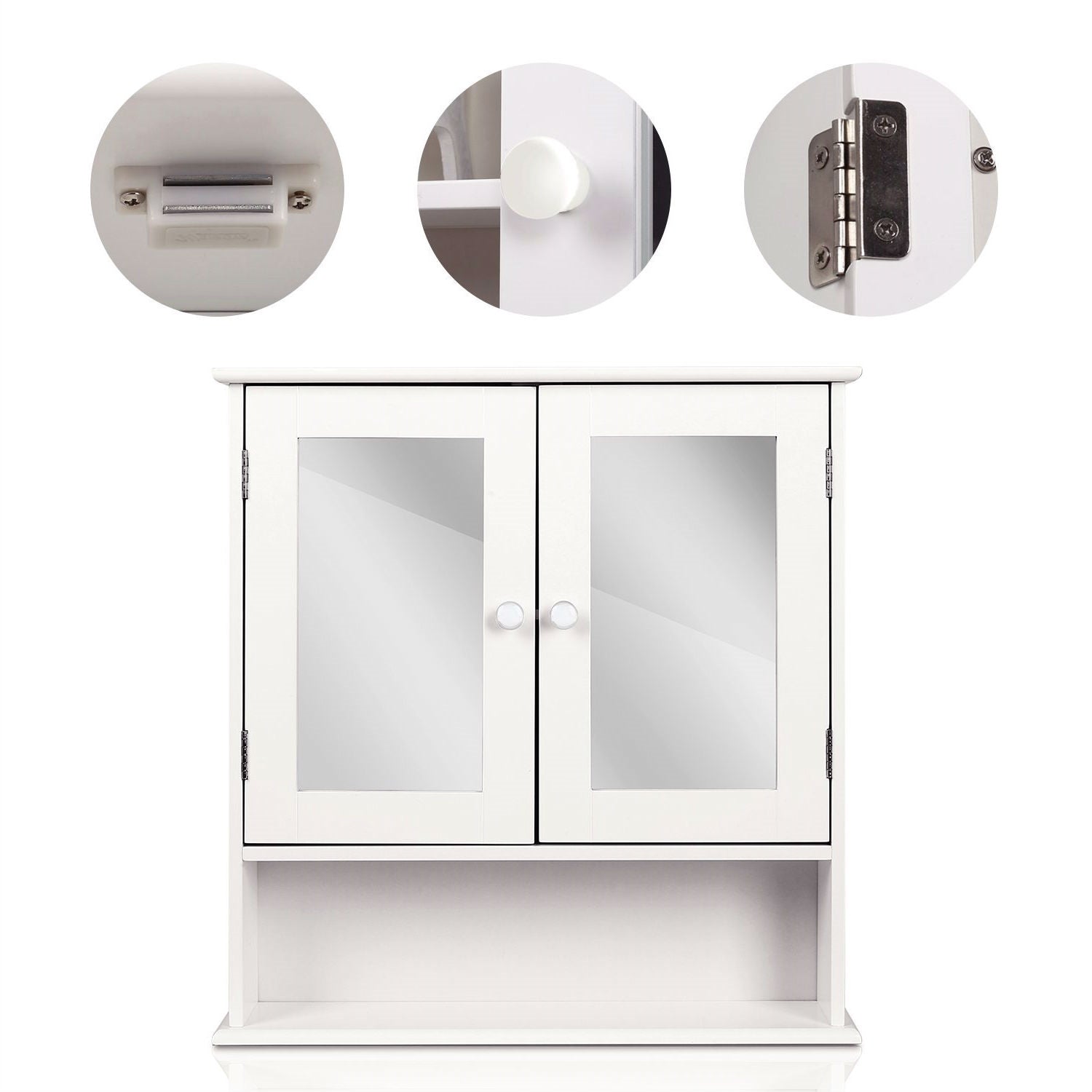 White 2-Door Mirrored Medicine Cabinet with Open Shelf-1