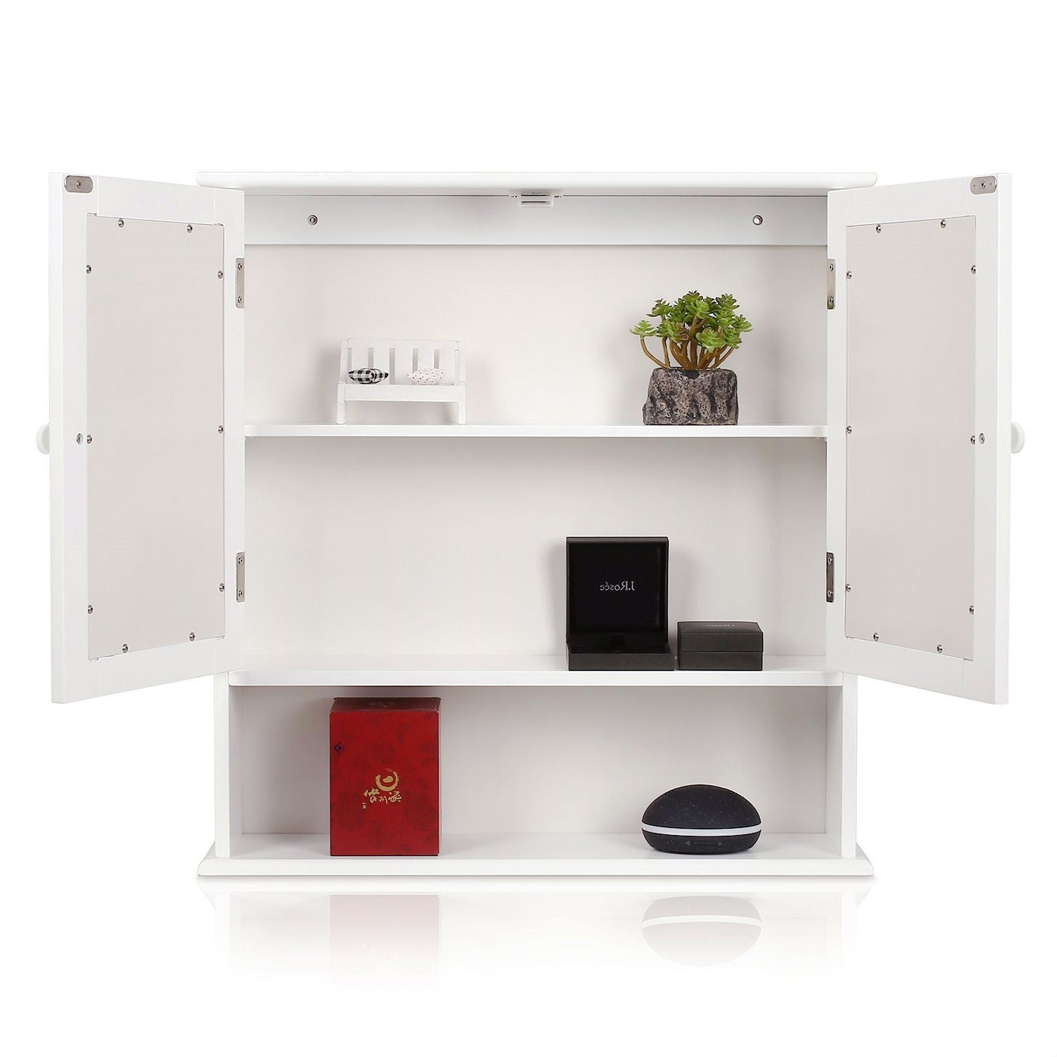 White 2-Door Mirrored Medicine Cabinet with Open Shelf-2