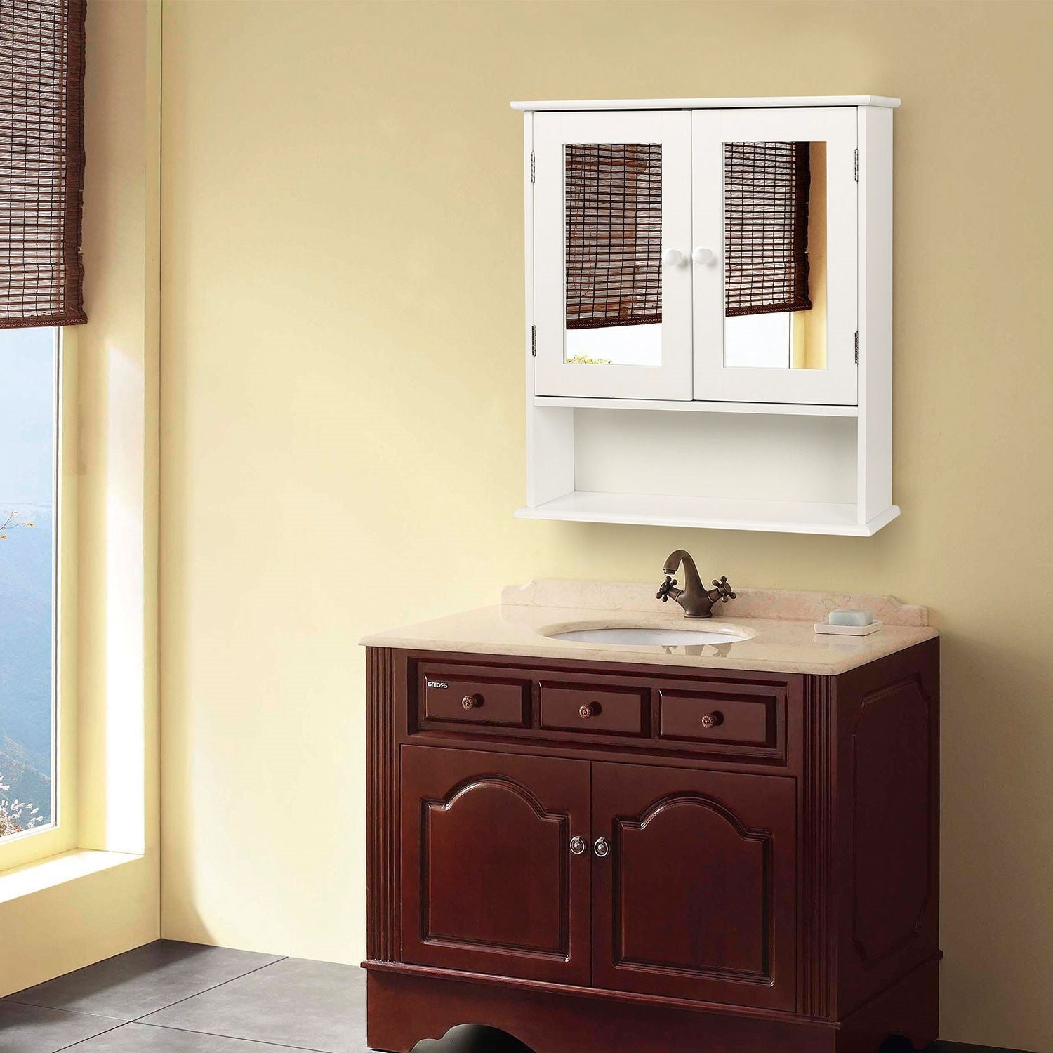 White 2-Door Mirrored Medicine Cabinet with Open Shelf-3