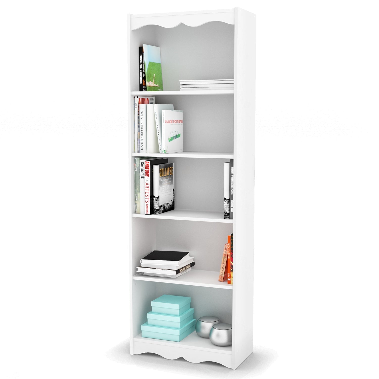 White 72-inch High Bookcase with Soft Arches and 5 Shelves-0