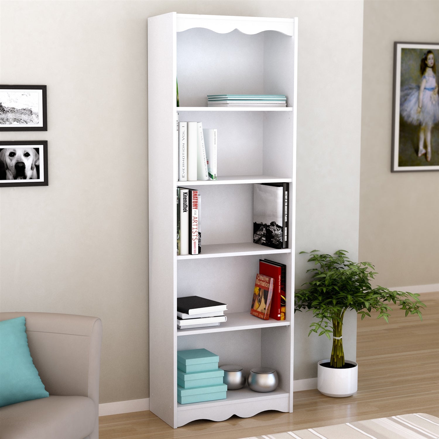 White 72-inch High Bookcase with Soft Arches and 5 Shelves-1