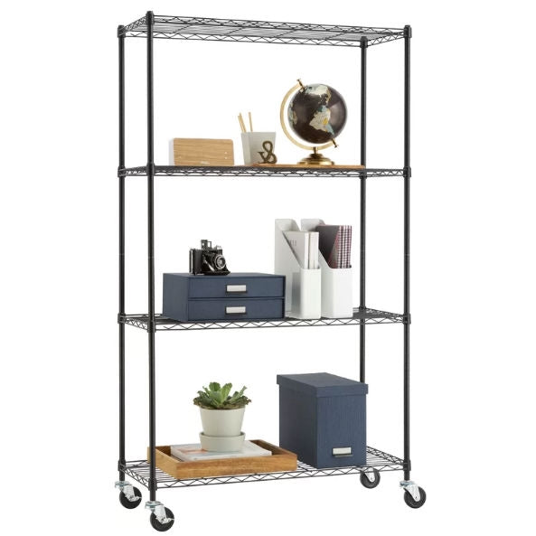 Heavy Duty Black Steel 4-Tier Shelving Unit with Locking Casters-0