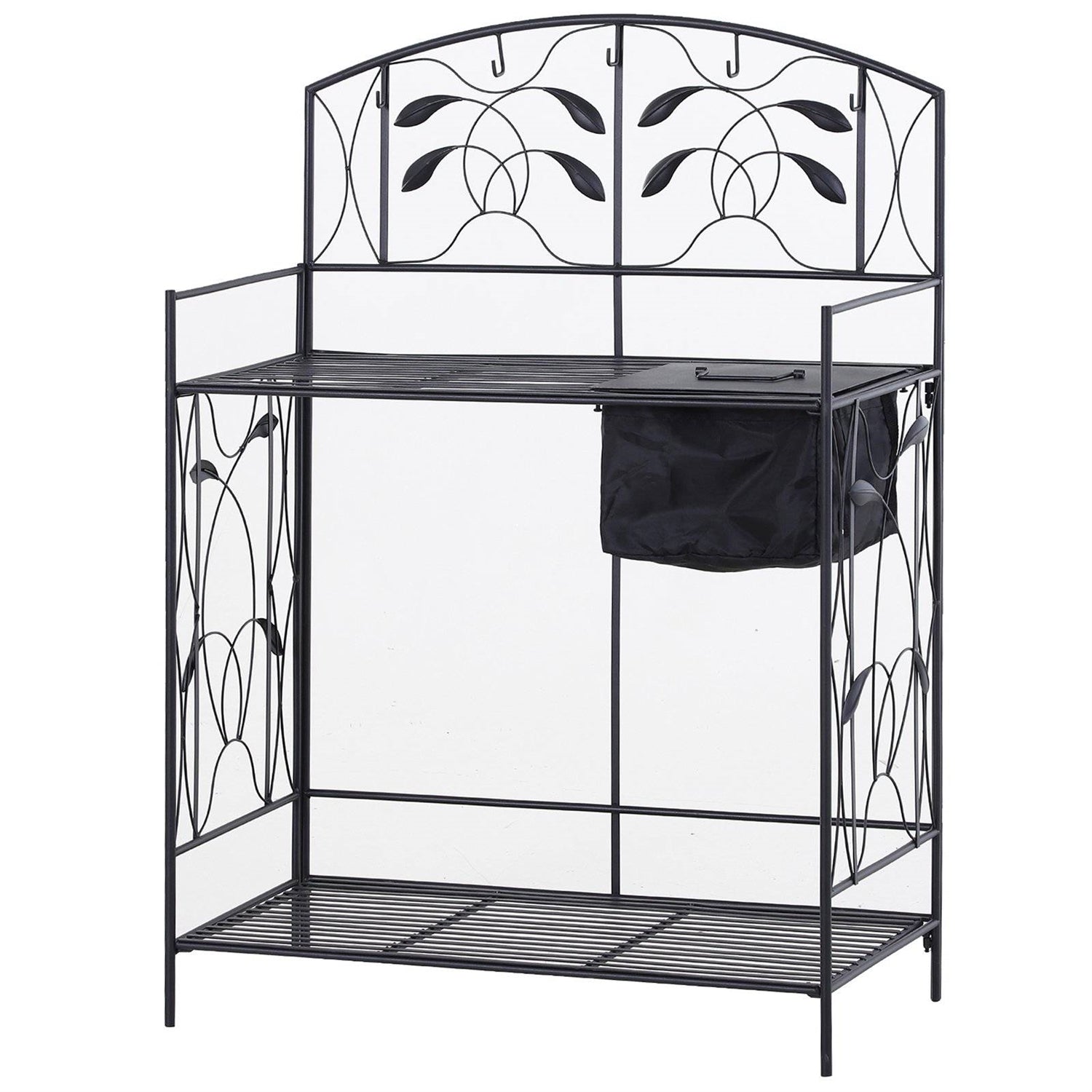 Black Metal Potting Bench with Wrought Iron Vine Accents and Fabric Potting Sink-0