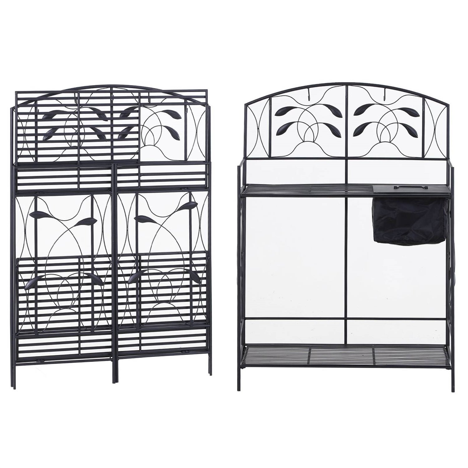 Black Metal Potting Bench with Wrought Iron Vine Accents and Fabric Potting Sink-1