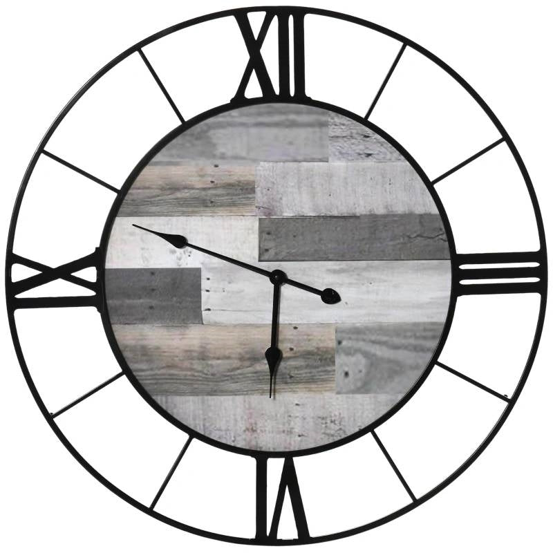 Large 32-inch Roman Numeral Wall Clock Black Metal with Grey Wood Interior-0