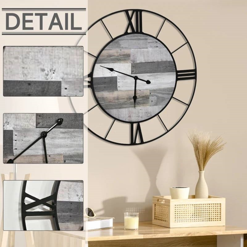 Large 32-inch Roman Numeral Wall Clock Black Metal with Grey Wood Interior-2