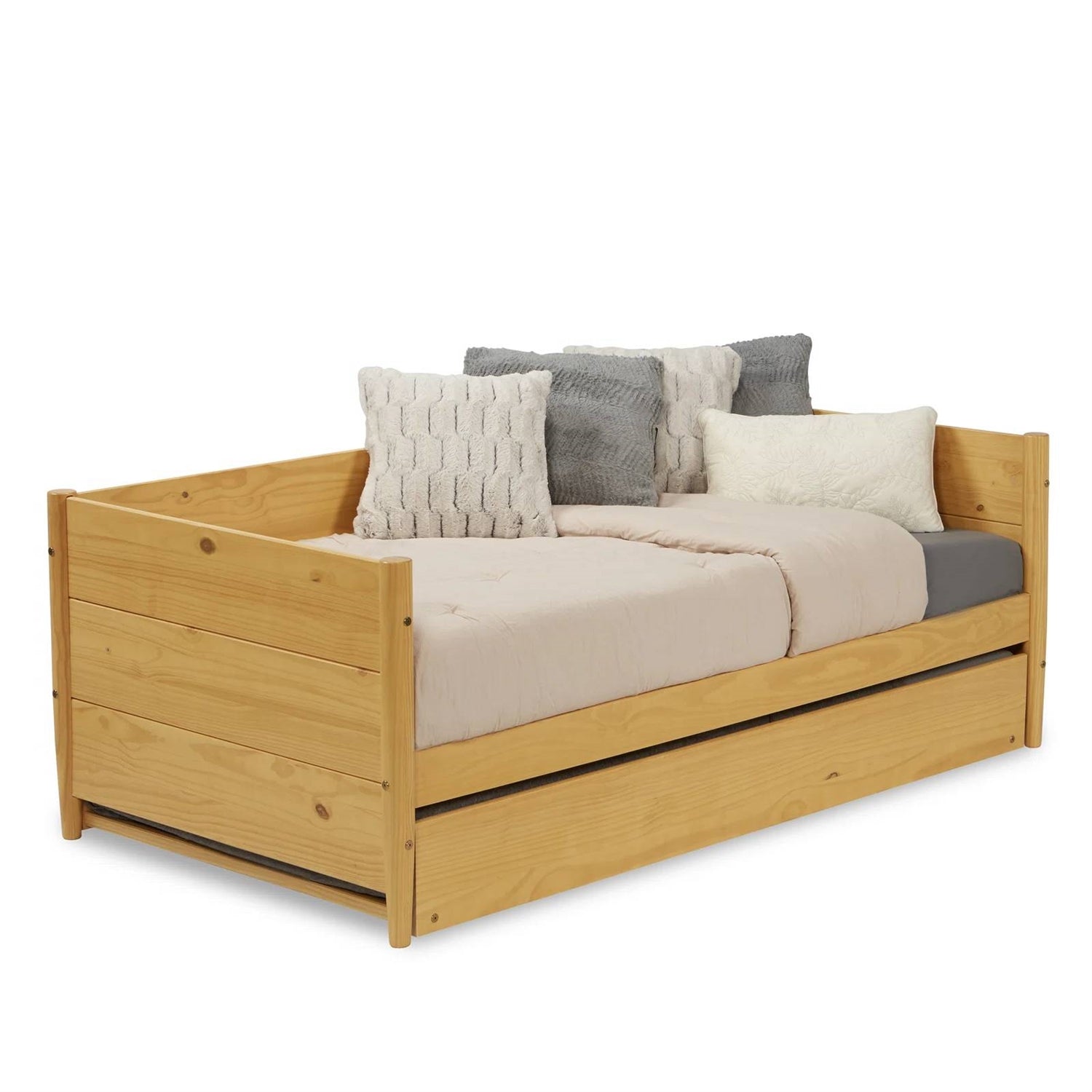 Twin Solid Wood Daybed with Roll Out Trundle Bed Frame in Light Yellow Brown-1