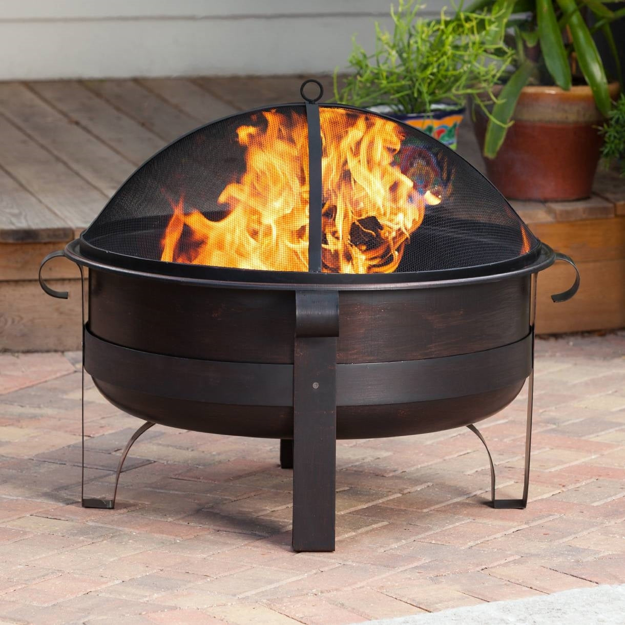 Heavy Duty 34-inch Fire Pit Deep Steel Cauldron with Screen and Stand-1