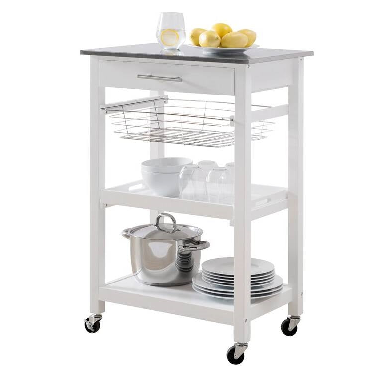 White Stainless Steel Top Kitchen Cart with Drawer and Storage Shelves-0