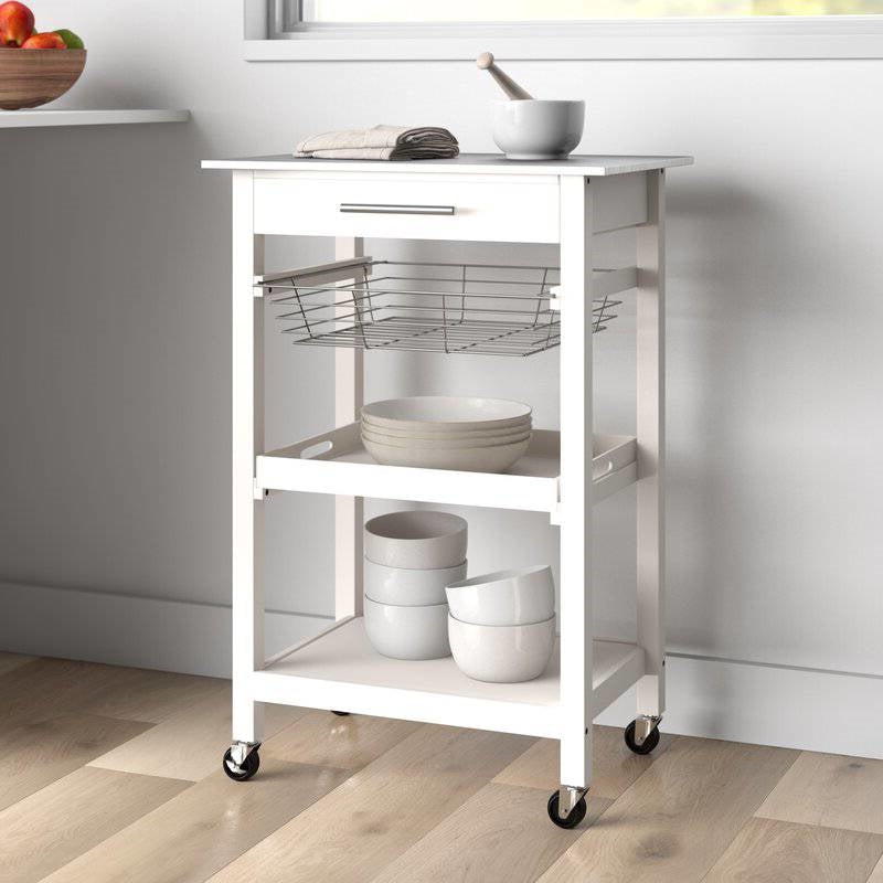 White Stainless Steel Top Kitchen Cart with Drawer and Storage Shelves-1