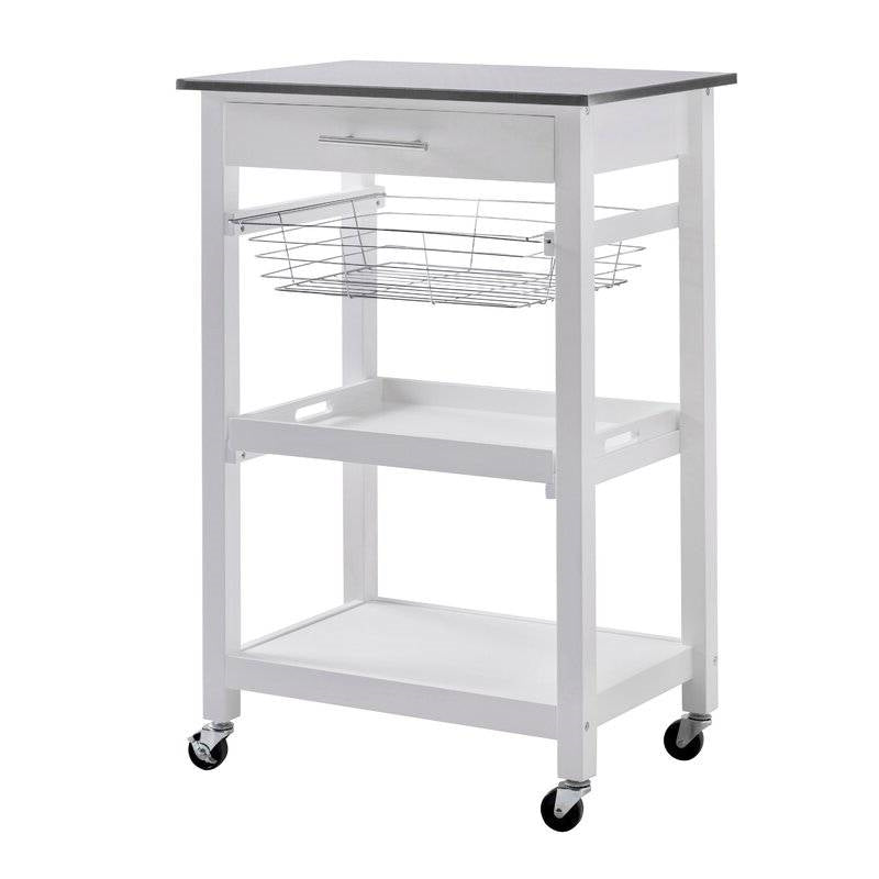 White Stainless Steel Top Kitchen Cart with Drawer and Storage Shelves-2