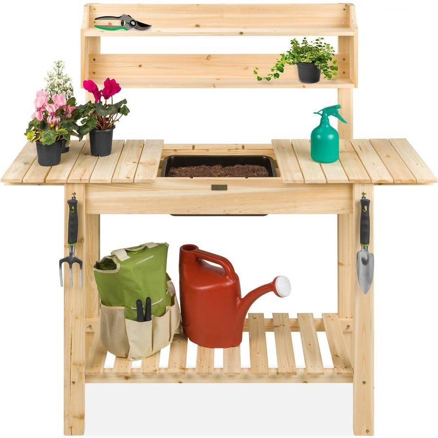 Outdoor Garden Wood Potting Bench Expandable Top with Food Grade Plastic Sink-0