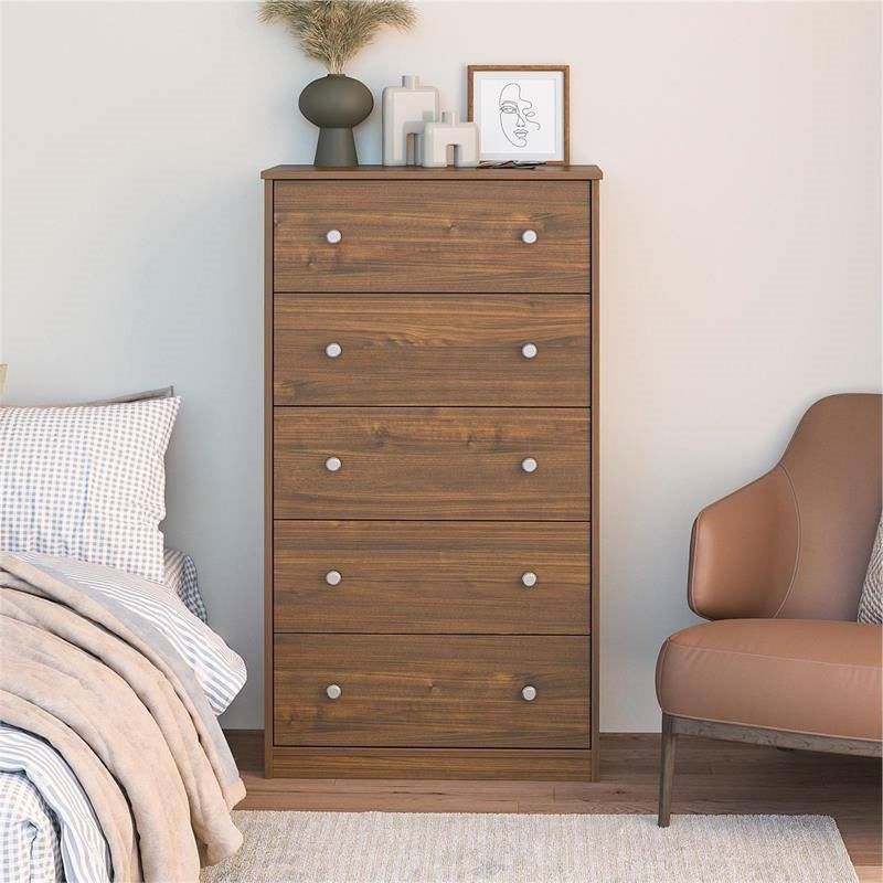 Modern 5-Drawer Bedroom Chest of Drawers in Rustic Walnut Wood Finish-2