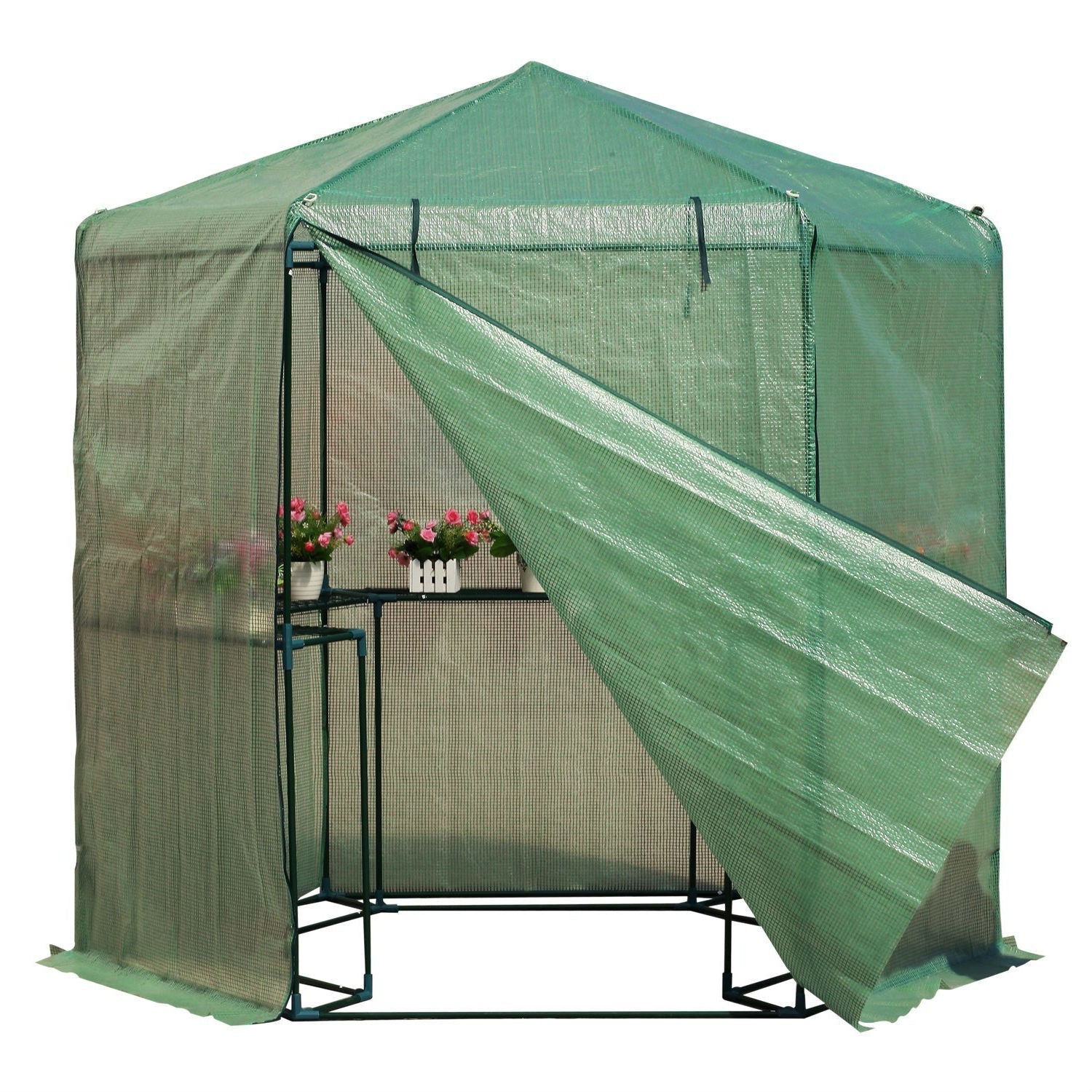 Outdoor Hexagon Greenhouse 6.5 x 7 Ft with Steel Frame PE Cover and Shelves-0