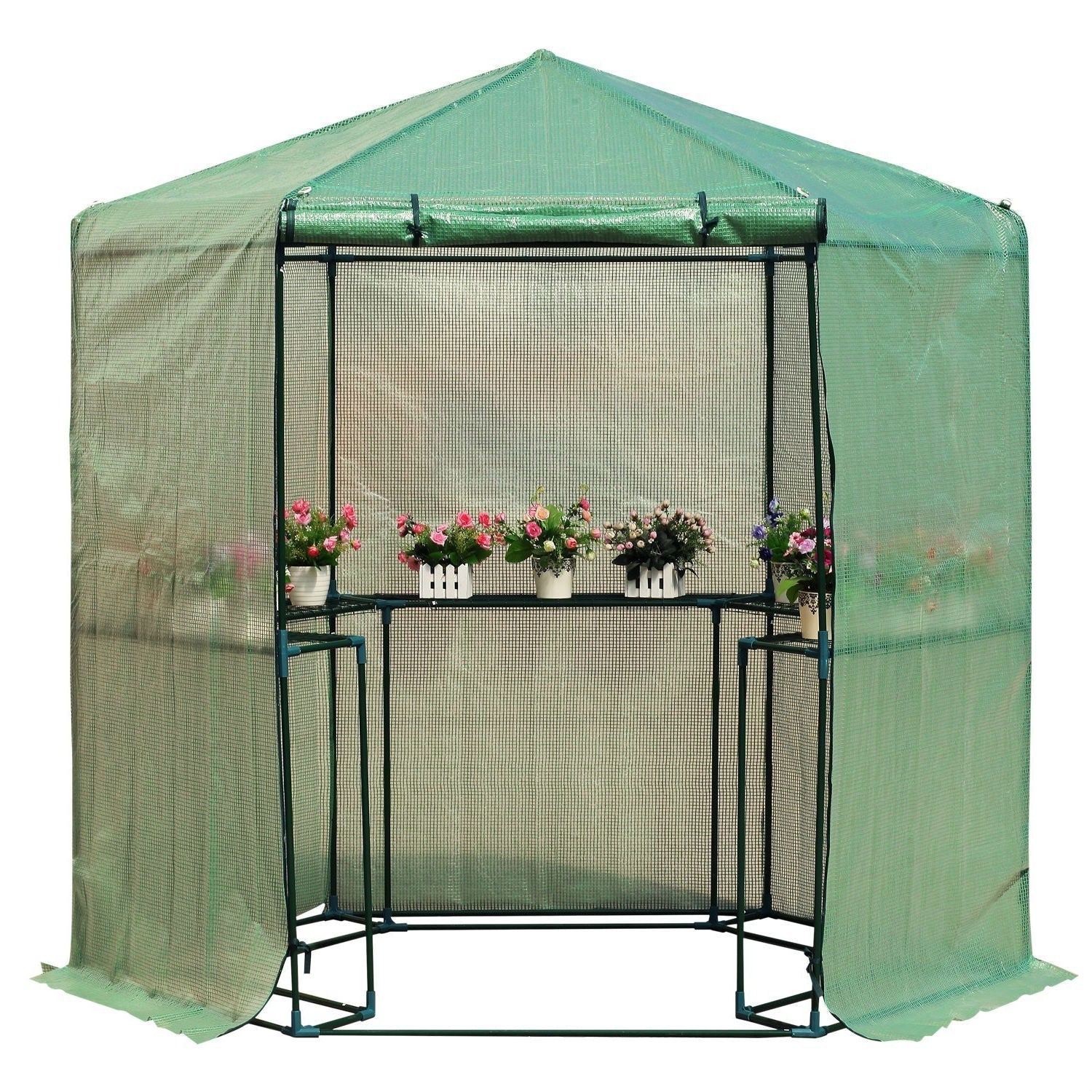 Outdoor Hexagon Greenhouse 6.5 x 7 Ft with Steel Frame PE Cover and Shelves-1