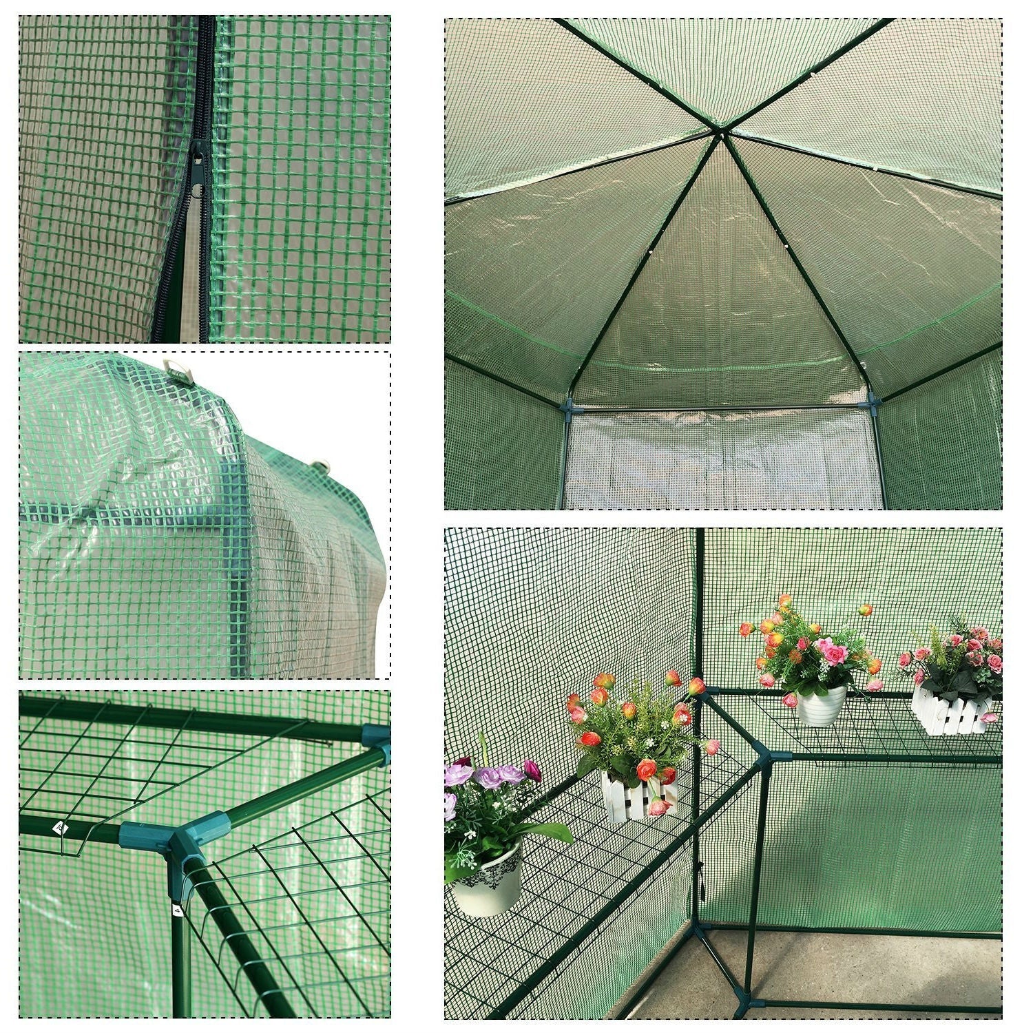 Outdoor Hexagon Greenhouse 6.5 x 7 Ft with Steel Frame PE Cover and Shelves-3