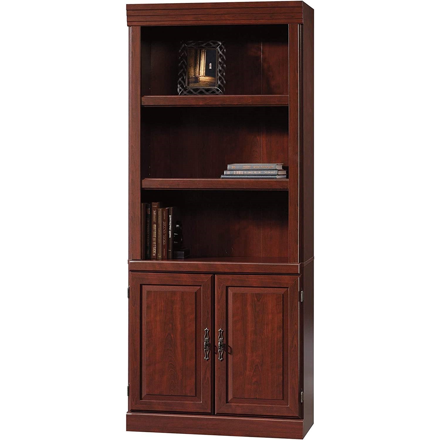 71-inch High 3-Shelf Wooden Bookcase with Storage Drawer in Cherry Finish-0