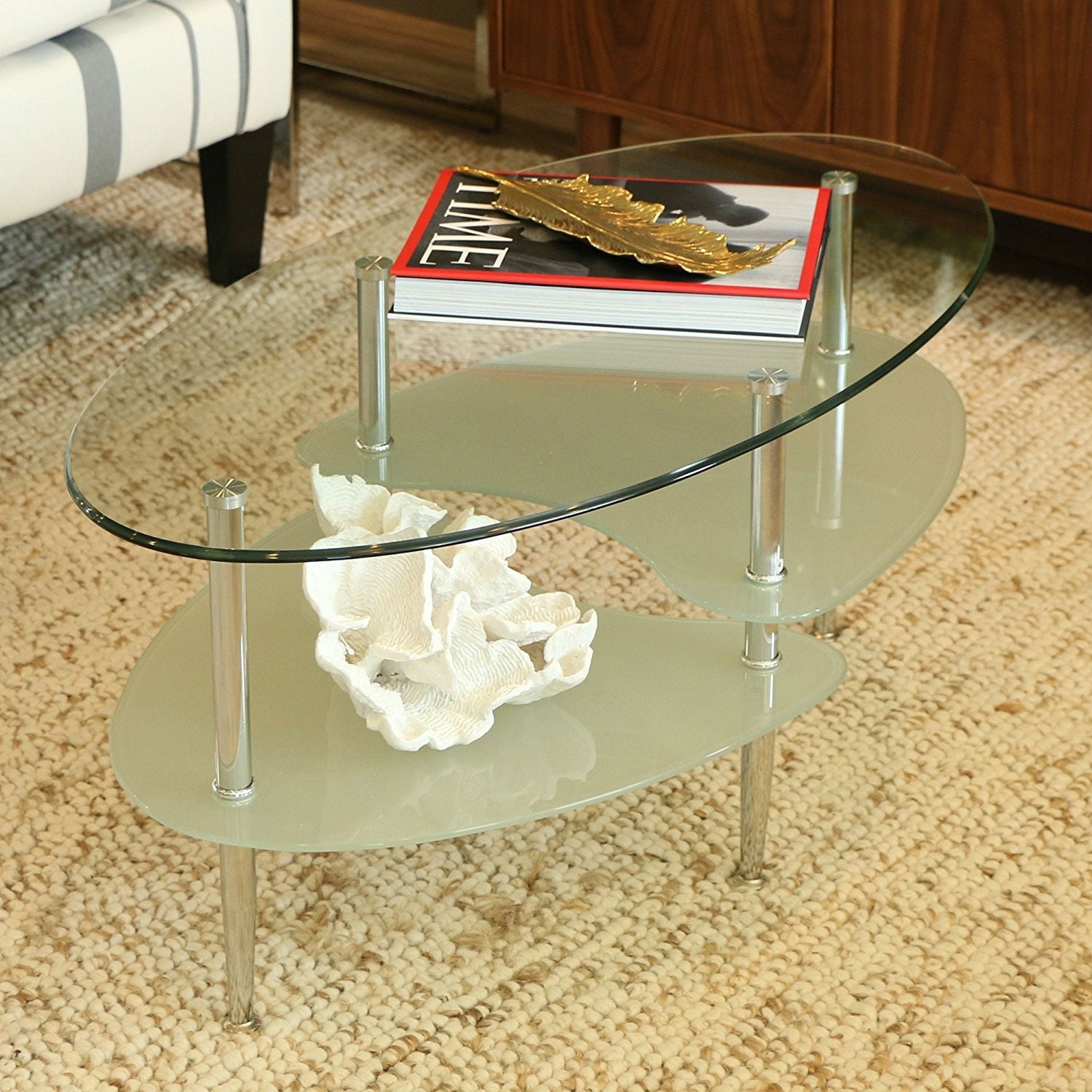 Modern Oval Glass Coffee Table with Chrome Metal Legs-1