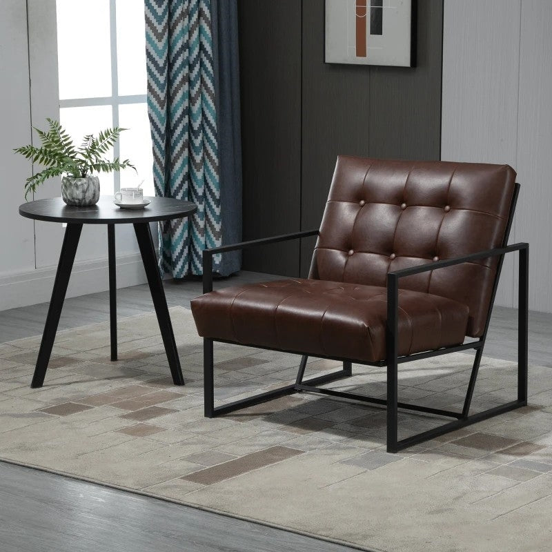 Retro Tufted Faux Leather Metal Frame Accent Chair - Brown-1