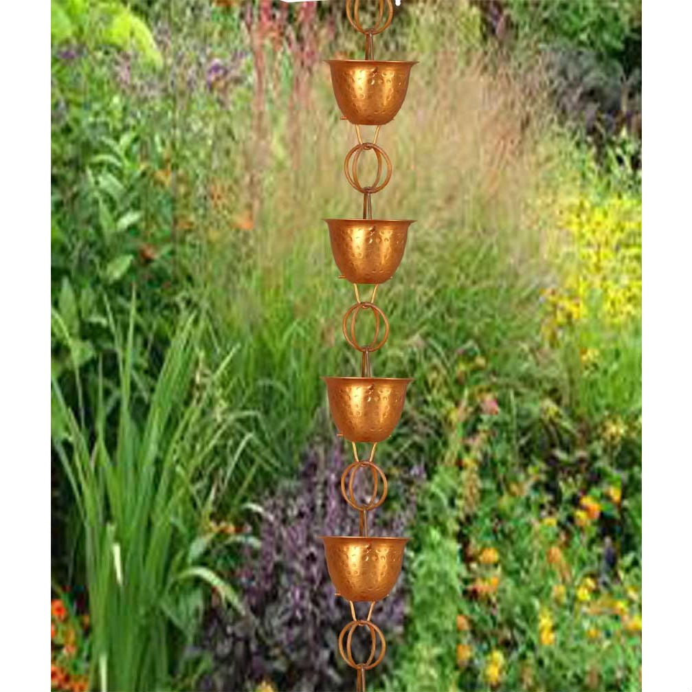 Hammered Copper Cups 8.5-Feet Rain Chain Rain Gutter Downspout Alternative-1