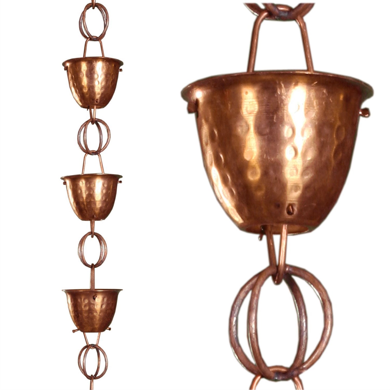 Hammered Copper Cups 8.5-Feet Rain Chain Rain Gutter Downspout Alternative-2