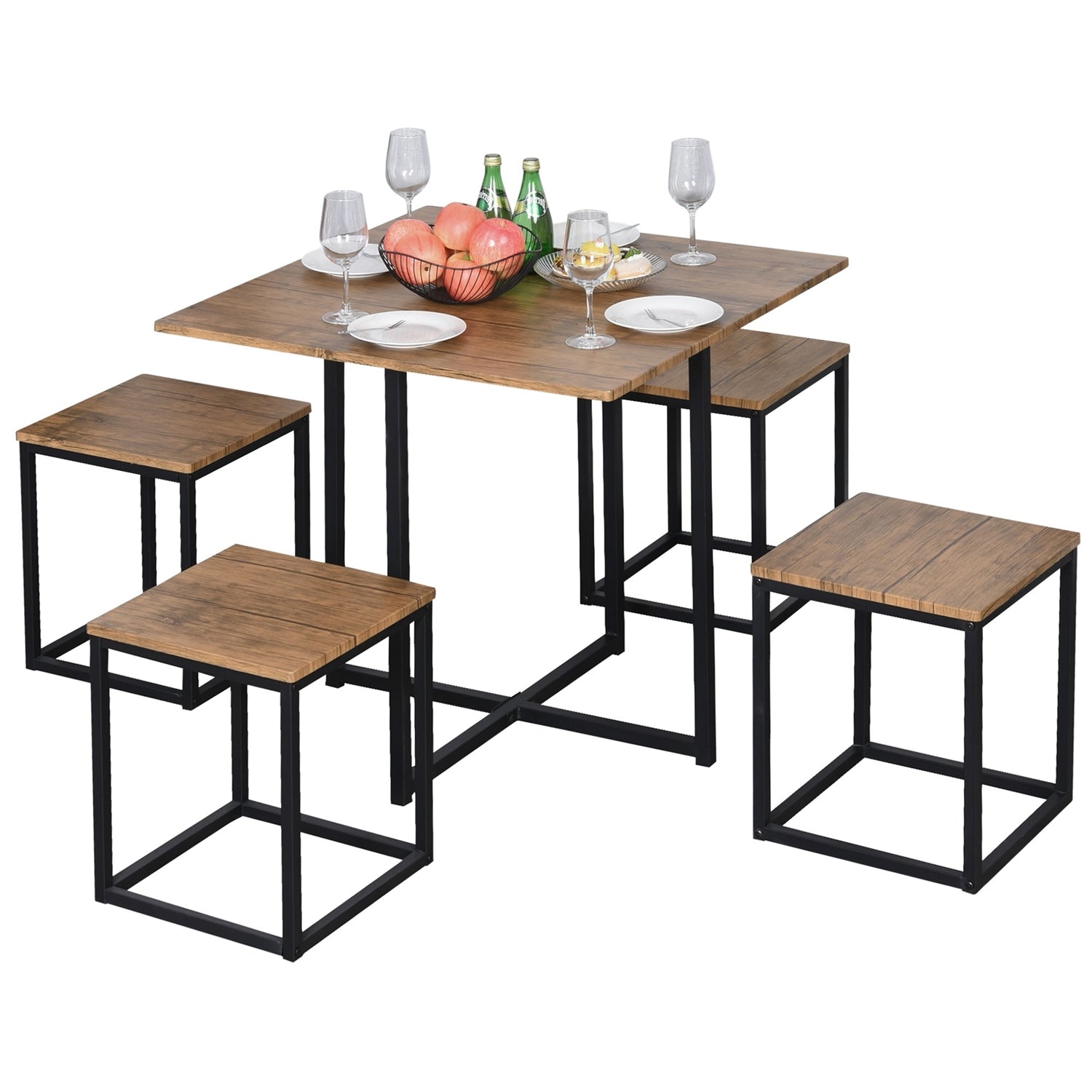 Farmhouse 5 Piece Square Walnut Wood Steel Kitchen Dining Set-0