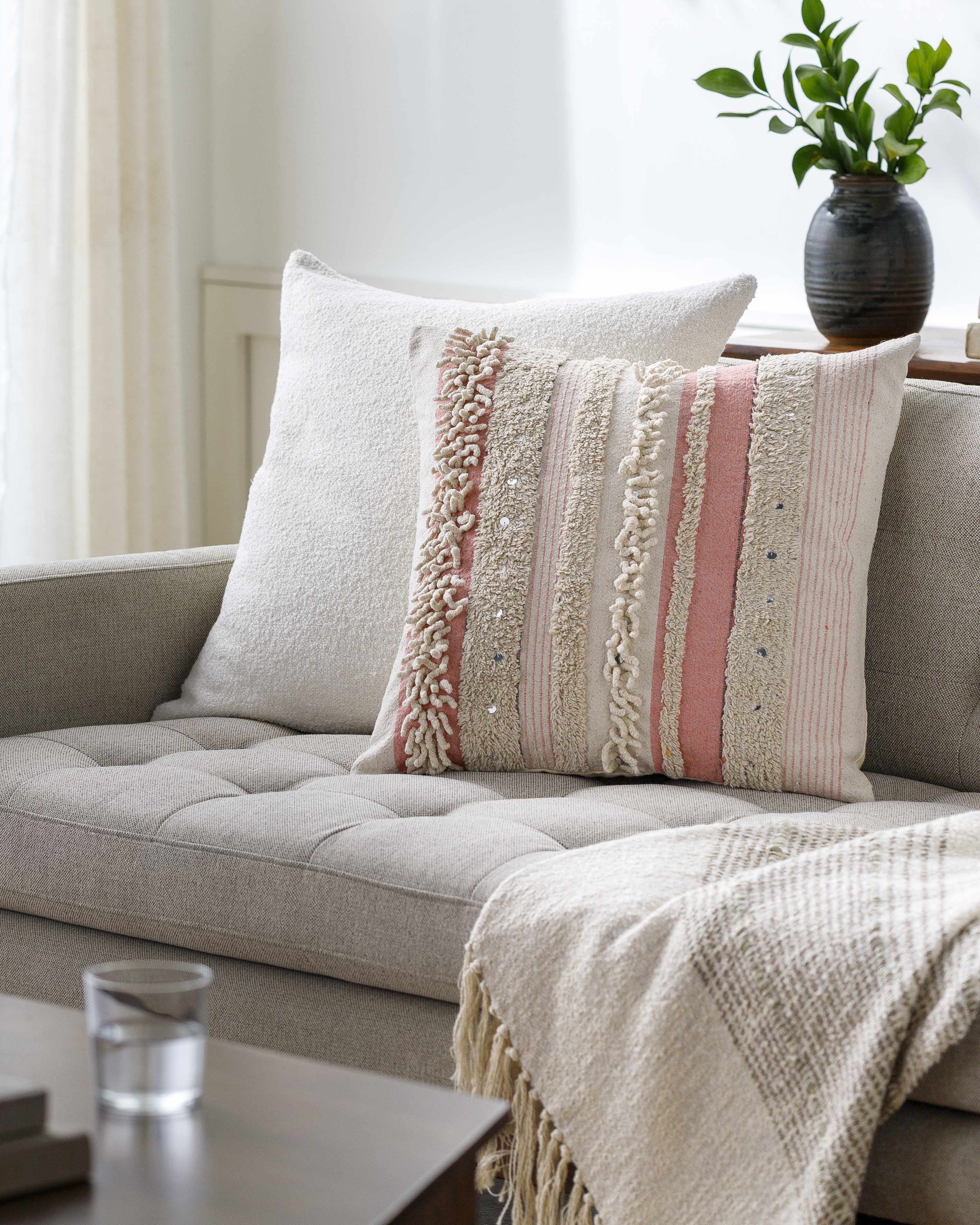 Hopatcong Peach Textured Striped Throw Pillow-1