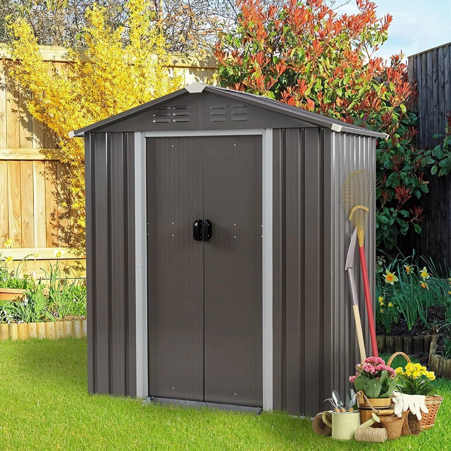 Outdoor Black Grey Galvanized Steel Garbage Trash Can Storage Shed-0